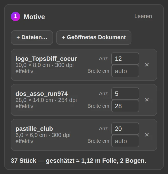 Gangsheet: Motive, Mengen und geschätzter Folienbedarf.