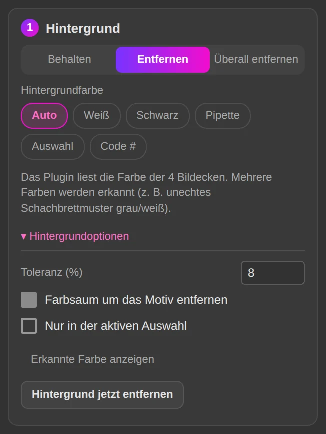 Vorbereiten: Hintergrund entfernen und Optionen.