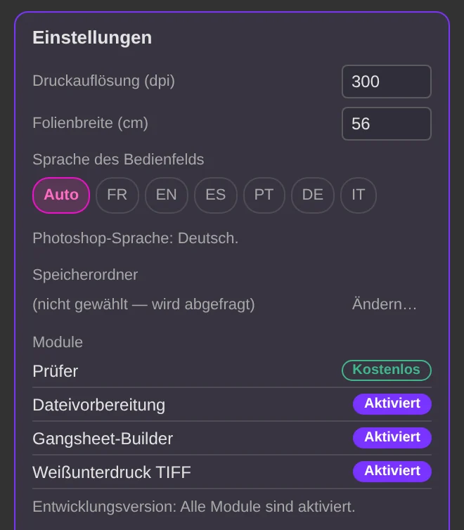 Einstellungen: Auflösung, Folienbreite, Sprache des Bedienfelds und Speicherordner.