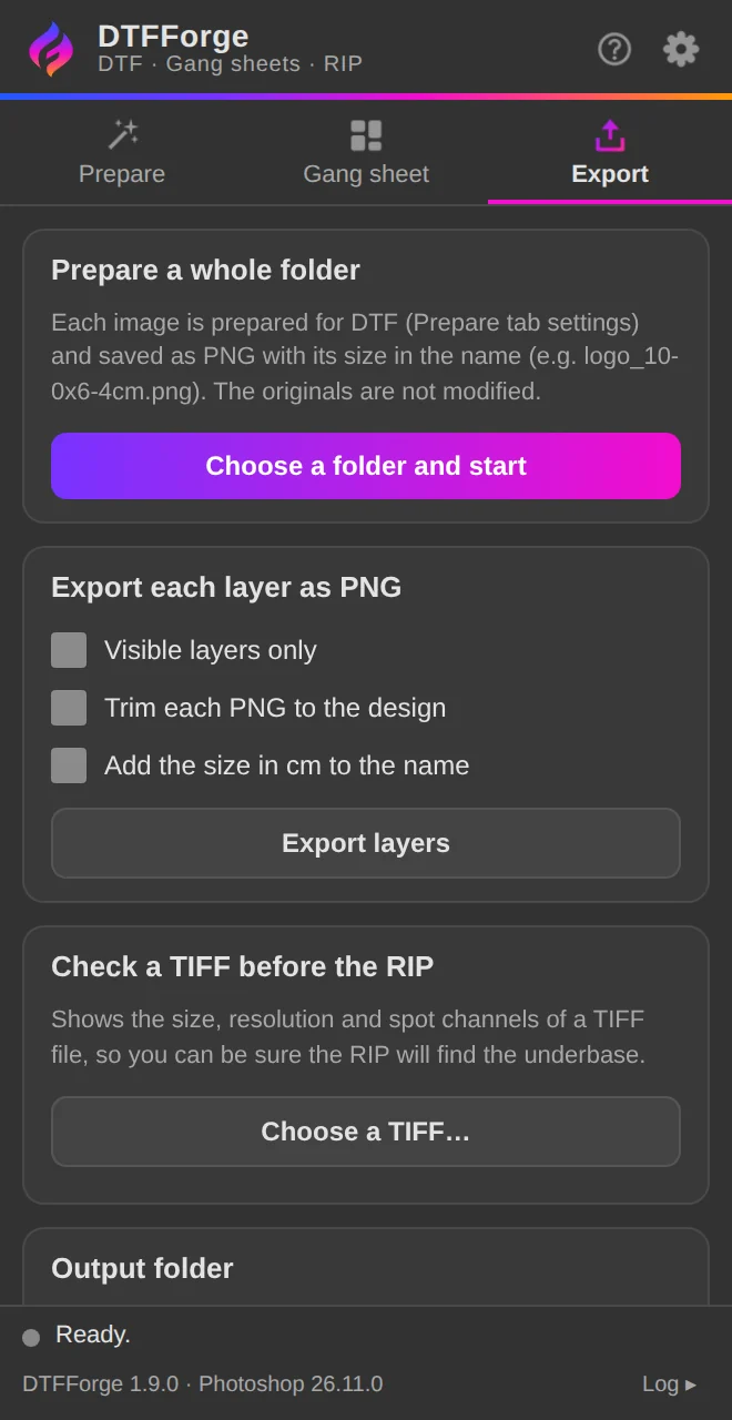 Export: whole folder, layers and TIFF check.