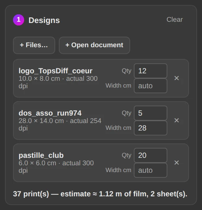 Gang sheet: designs, quantities and film estimate.