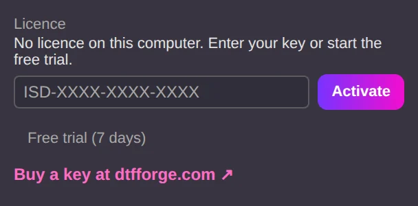 Settings → Licence: entering your key or starting the free trial.