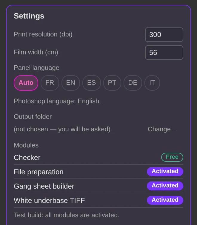 Settings: resolution, film width, panel language and output folder.