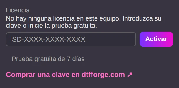 Ajustes → Licencia: introducción de la clave o prueba gratuita.