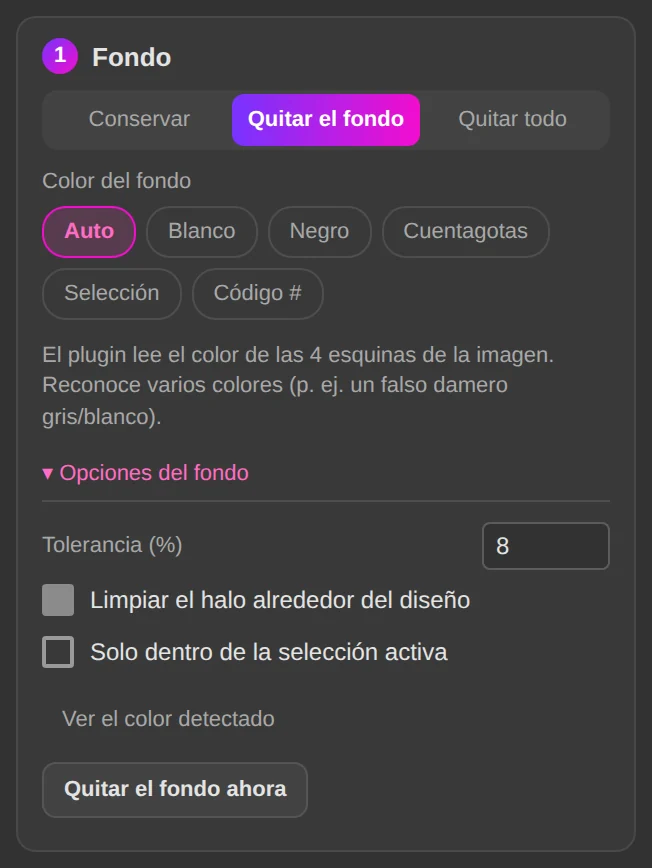 Preparar: eliminación del fondo y opciones.