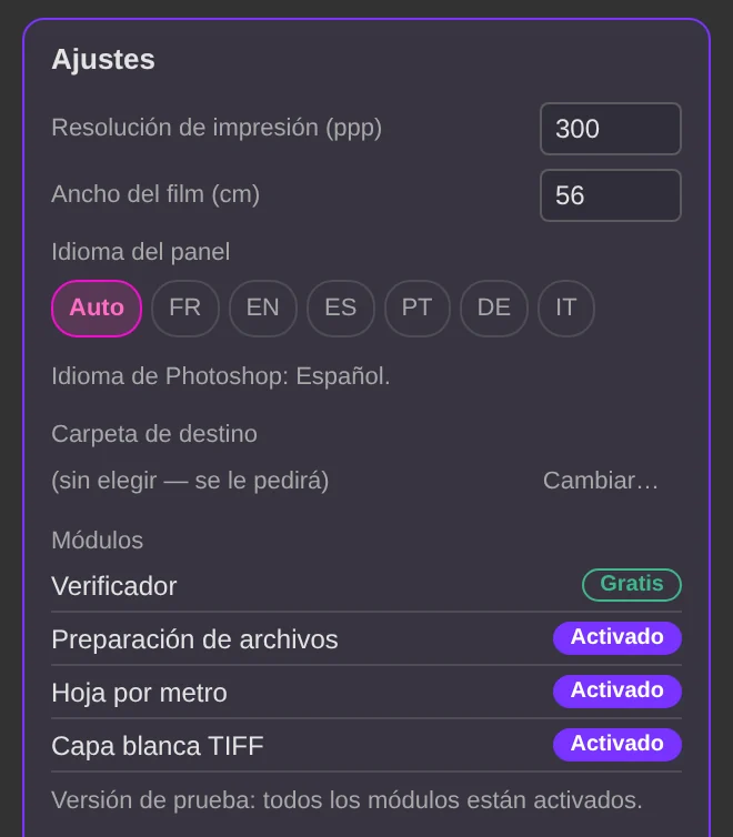 Ajustes: resolución, ancho del film, idioma del panel y carpeta de destino.