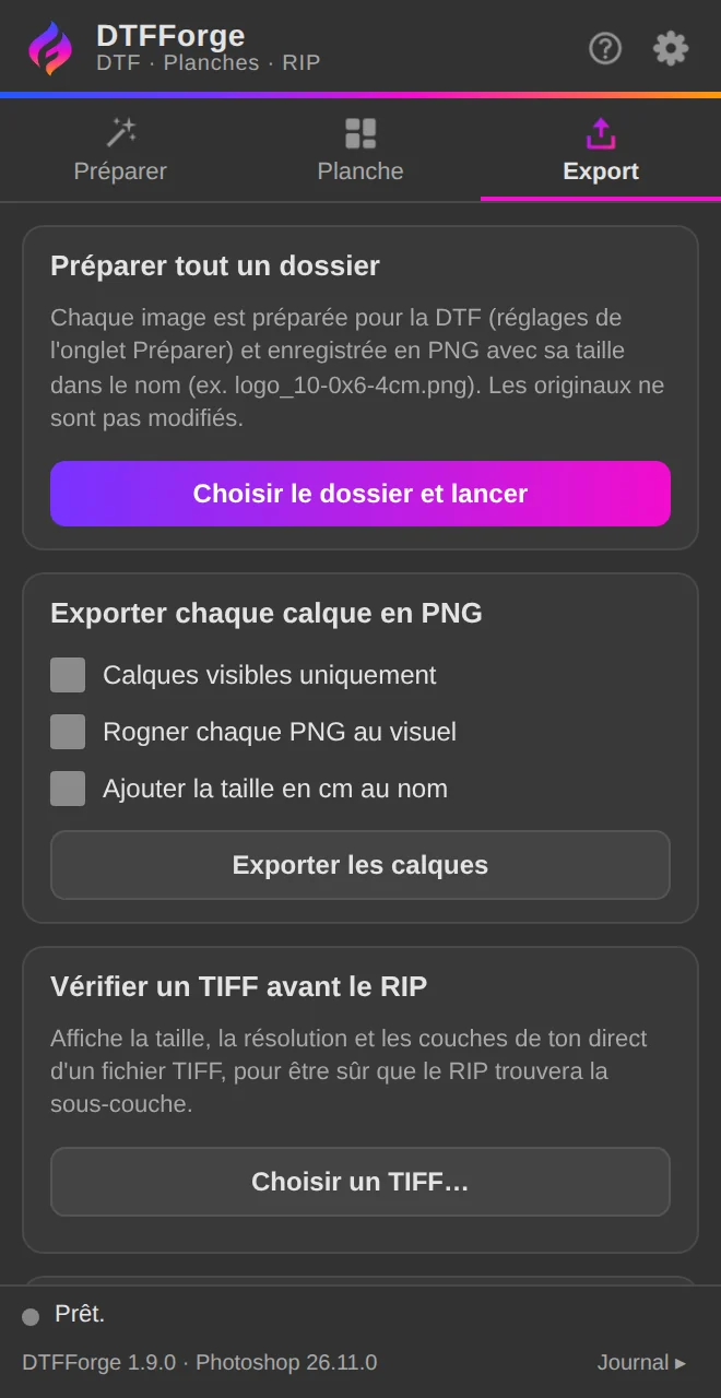 Export : dossier entier, calques et vérification d'un TIFF.