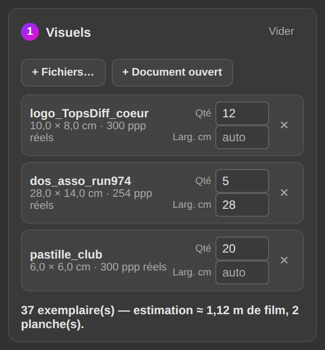 Planche : visuels, quantités et estimation du film.