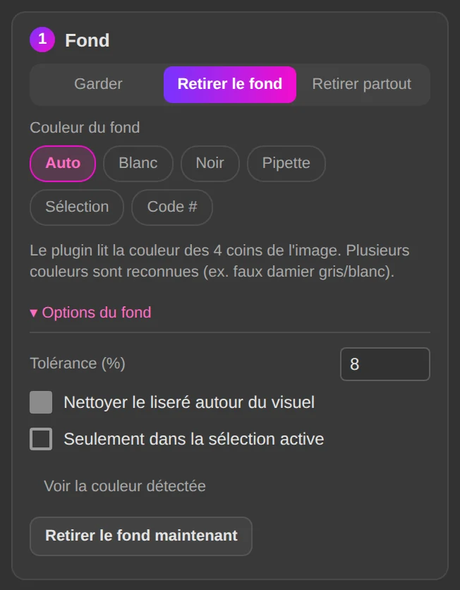 Préparer : retrait du fond et options.