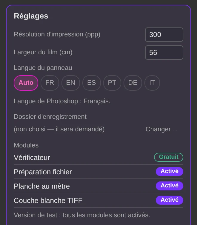 Réglages : résolution, largeur du film, langue du panneau et dossier d'enregistrement.