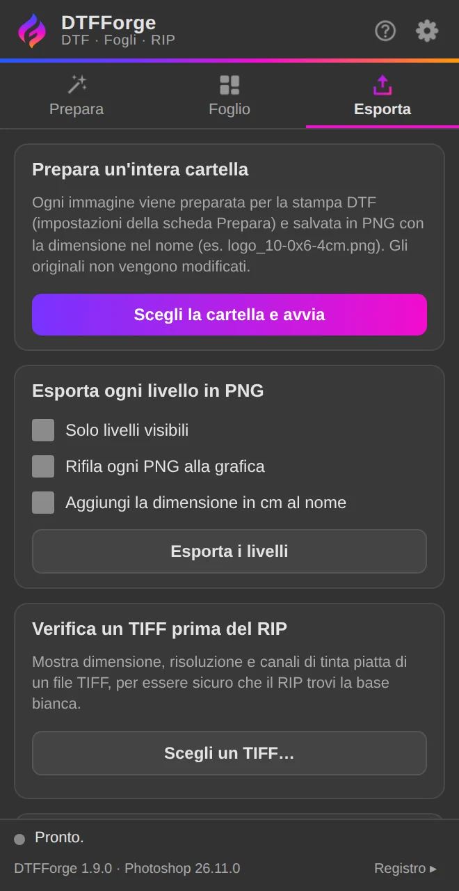 Esporta: cartella intera, livelli e verifica di un TIFF.