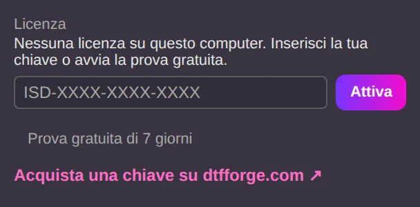 Impostazioni → Licenza: inserimento della chiave o prova gratuita.
