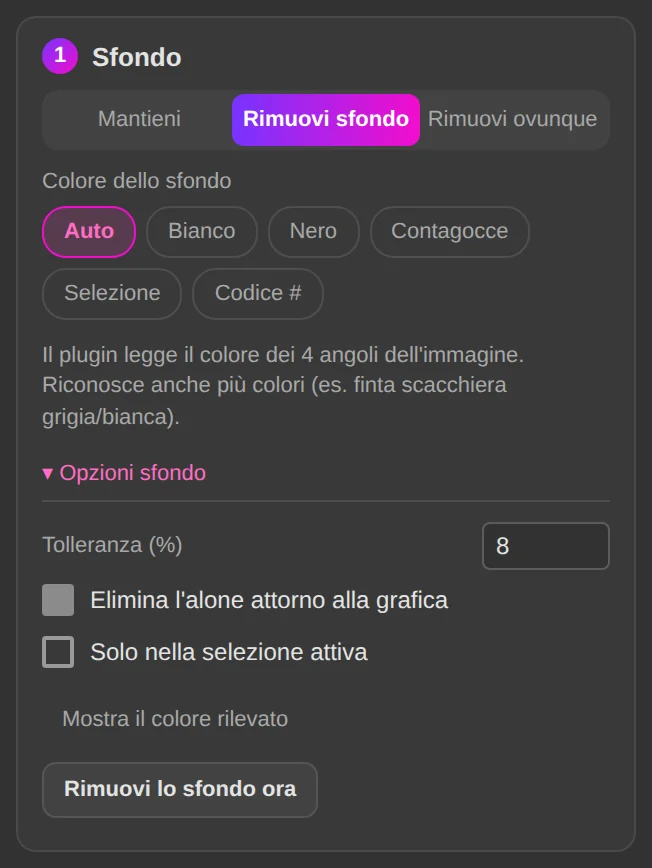 Prepara: rimozione dello sfondo e opzioni.