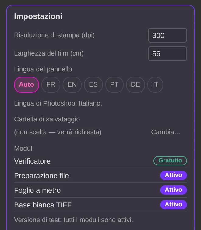 Impostazioni: risoluzione, larghezza del film, lingua del pannello e cartella di salvataggio.