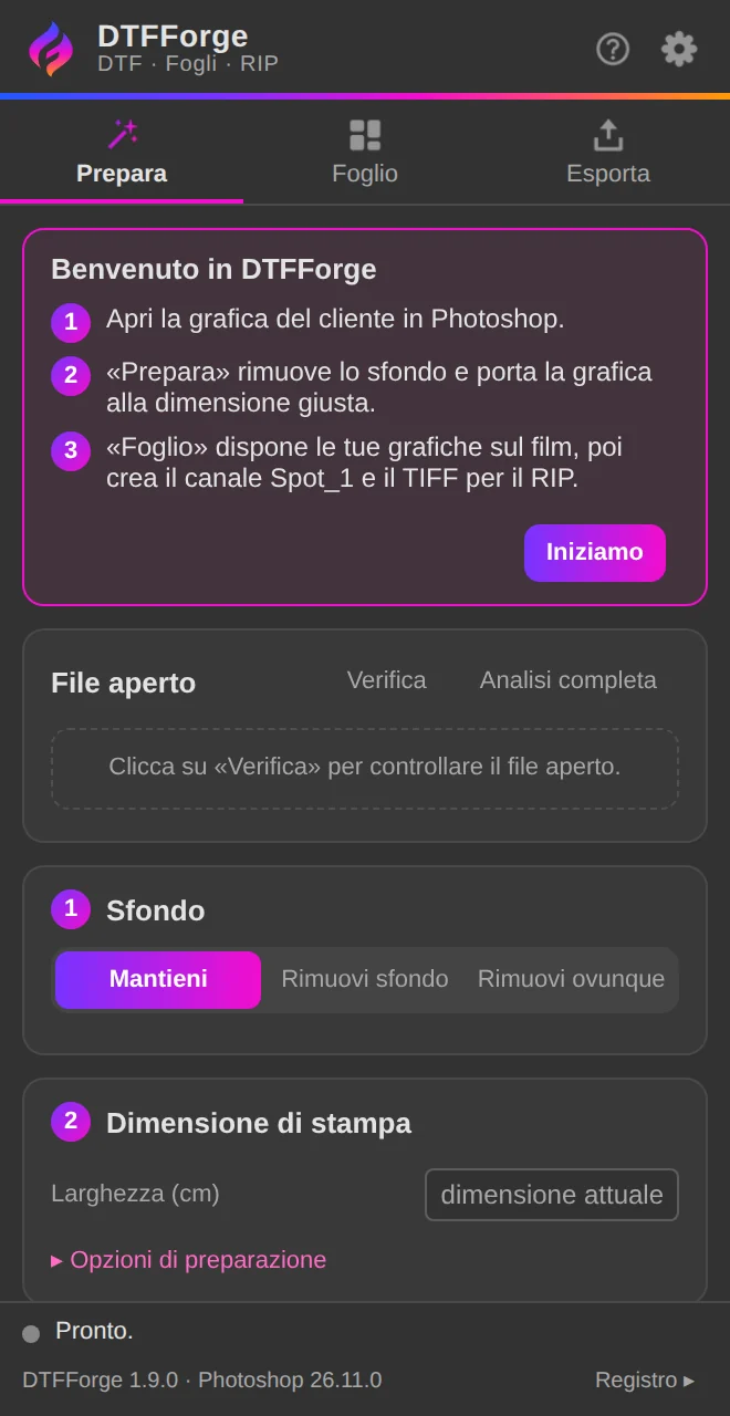 Il pannello DTFForge al primo avvio, con il riquadro di benvenuto.