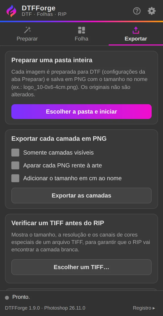 Exportar: pasta inteira, camadas e verificação de um TIFF.