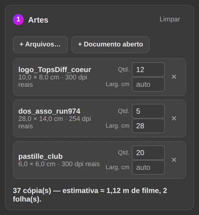 Folha: artes, quantidades e estimativa de filme.