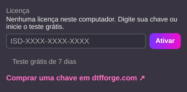 Configurações → Licença: inserir a chave ou iniciar o teste grátis.