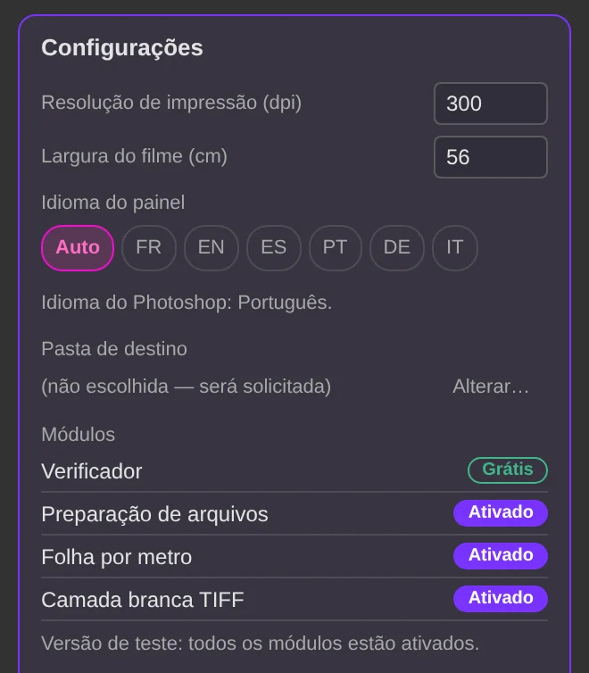 Configurações: resolução, largura do filme, idioma do painel e pasta de destino.
